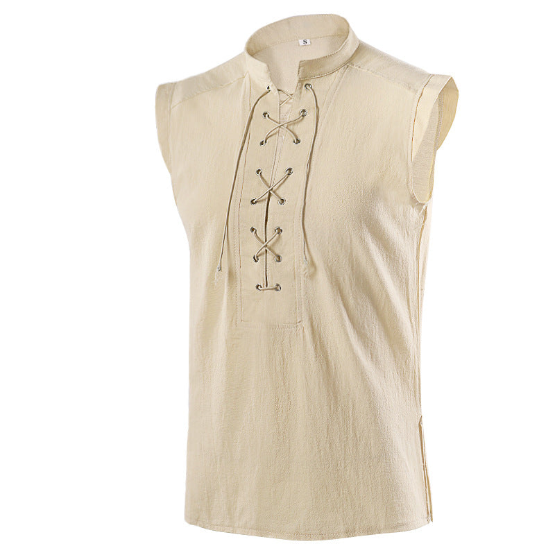 Men's sleeveless vintage linen shirt with breast lacing and stand-up collar Shop Velvia