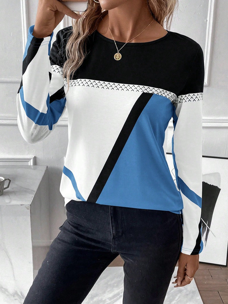 Women's Long Sleeve Shirt with Graphic Colorblock Design and Round Neck Shop Velvia