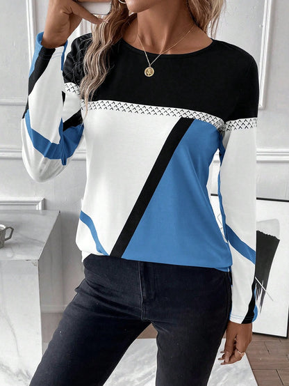 Women's Long Sleeve Shirt with Graphic Colorblock Design and Round Neck Shop Velvia
