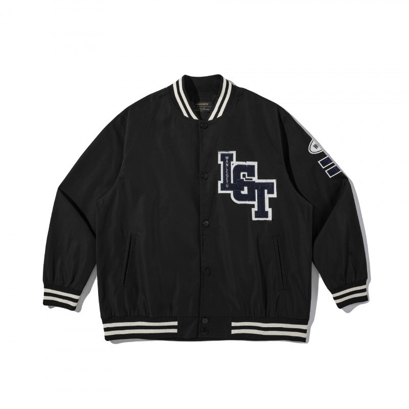 Unisex College Bomber Jacket with quilted patch, striped ribbed hems and snap button placket Shop Velvia