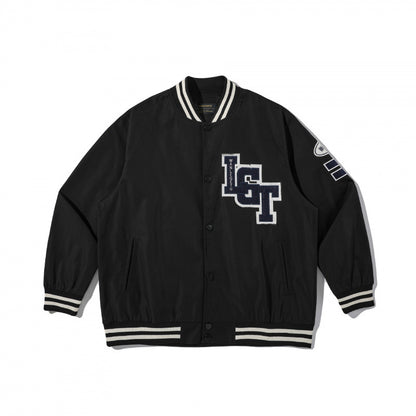 Unisex College Bomber Jacket with quilted patch, striped ribbed hems and snap button placket Shop Velvia