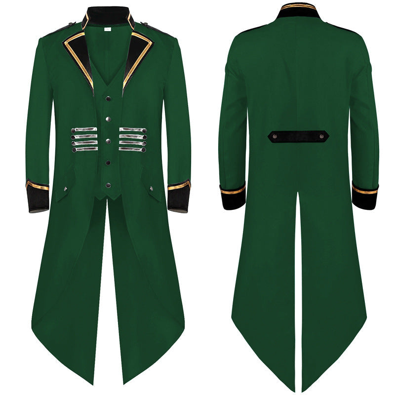 Men's long coat with military-inspired cut, high collar and decorative metal strips Shop Velvia