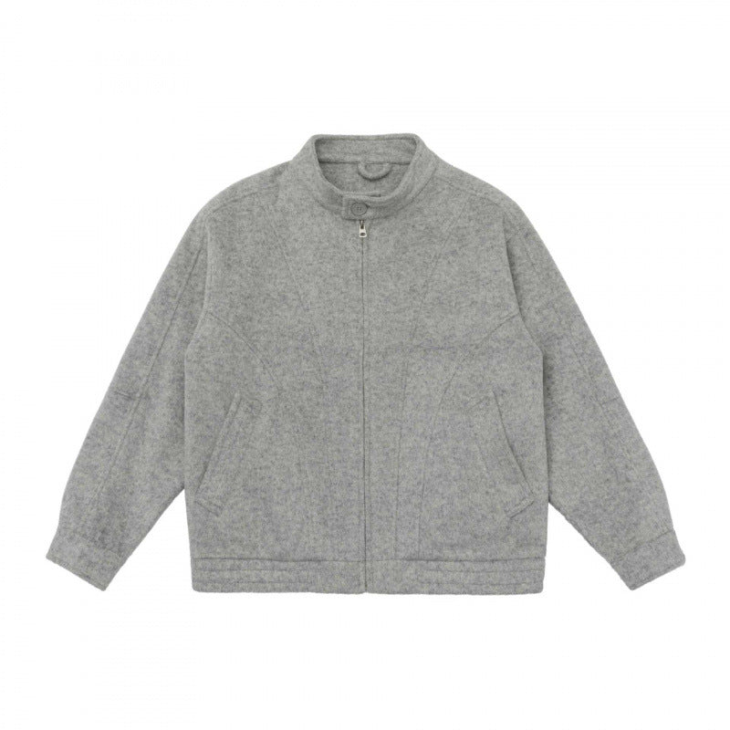 [Unisex] Boxy Wool Blend Zip Jacket in Overshirt Style with Short Stand-Up Collar Shop Velvia