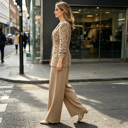 Women's Tweed Blazer with Shawl Collar, Tie Belt and Wide Palazzo Pants Set Shop Velvia