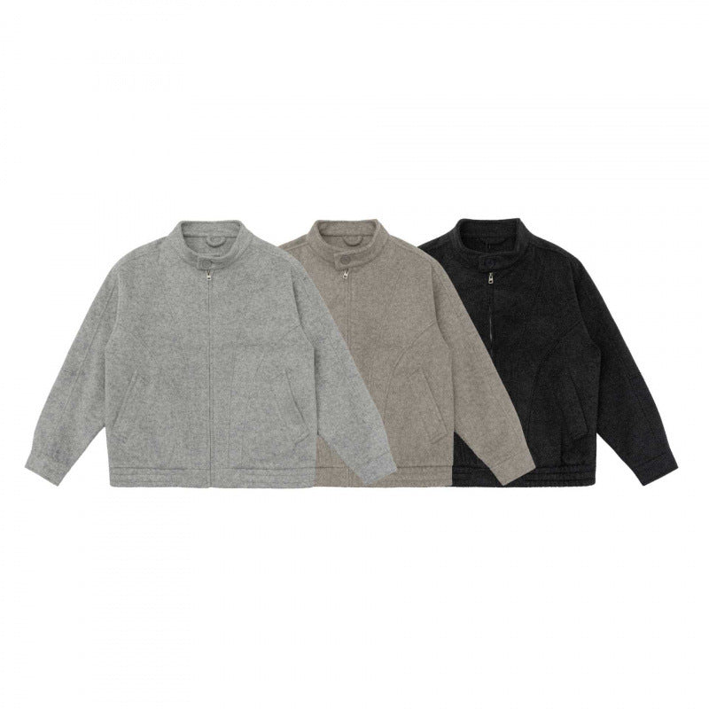 [Unisex] Boxy Wool Blend Zip Jacket in Overshirt Style with Short Stand-Up Collar Shop Velvia