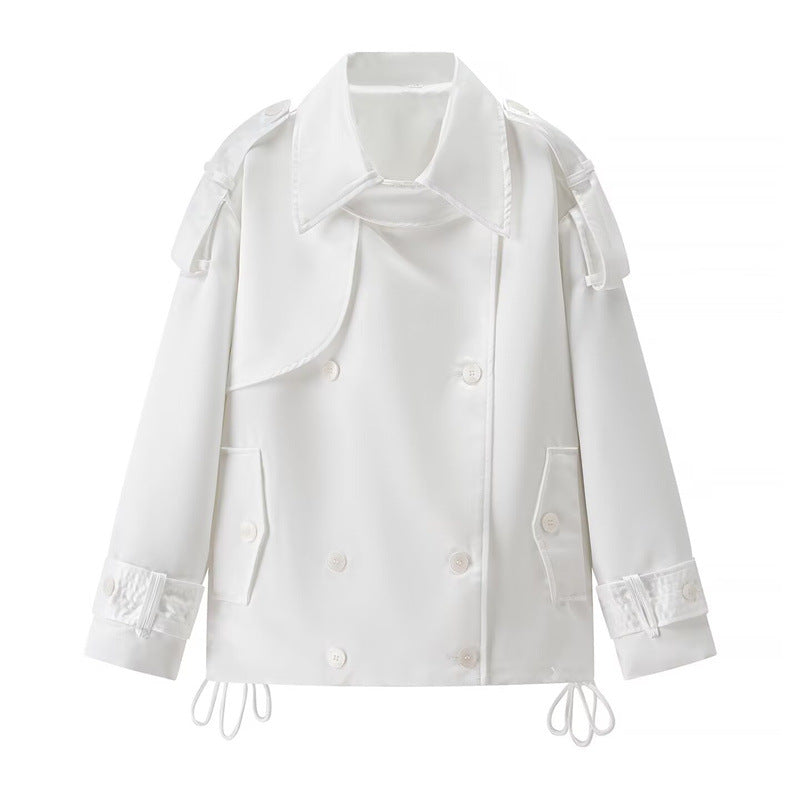 Women Short Boxy Double-breasted Trench with Drawstring and Decorative Shoulder Straps Shop Velvia