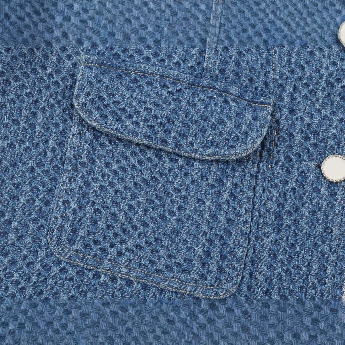 Ladies Cropped Boxy Denim Jacket with Waffle Texture, Patch Pockets and Fringe Trim Shop Velvia