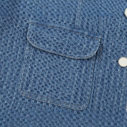 Ladies Cropped Boxy Denim Jacket with Waffle Texture, Patch Pockets and Fringe Trim Shop Velvia
