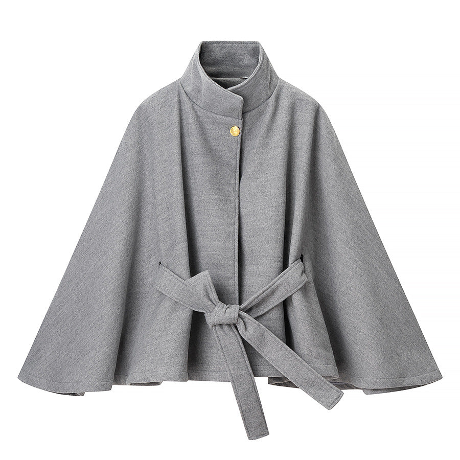 Women's short cape made of wool blend with asymmetric stand-up collar and waist tie belt Shop Velvia