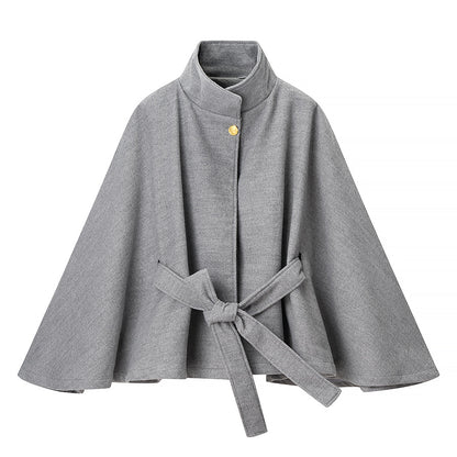 Women's short cape made of wool blend with asymmetric stand-up collar and waist tie belt Shop Velvia