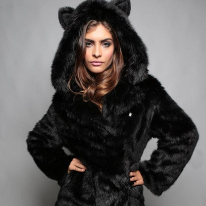 Women's Short Hooded Jacket made of vegan high-pile synthetic fur with cat ears and tailored silhouette Shop Velvia