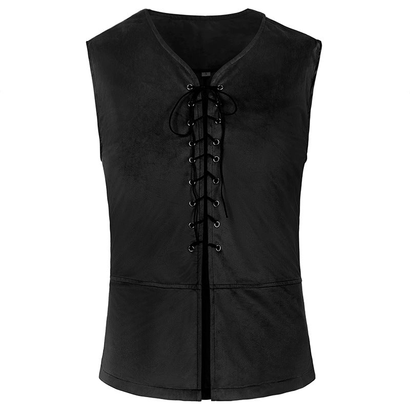 Men's sleeveless vintage linen shirt with breast lacing and stand-up collar Shop Velvia