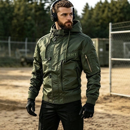 Men's Military-Inspired Hooded Bomber Jacket with Utility Pockets Shop Velvia