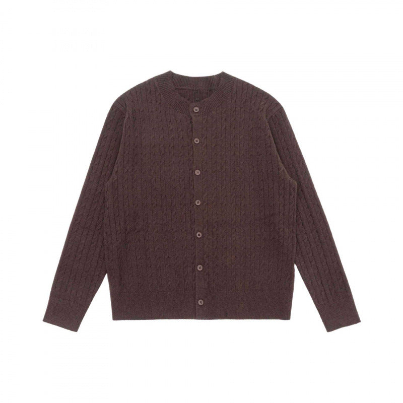 Unisex Short-cut Braid Knit Cardigan with Round Neck and Pearlescent Buttons Shop Velvia
