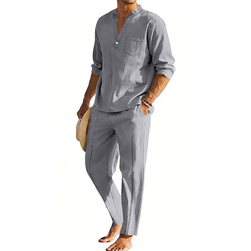 Men's comfortable linen two-piece with stand-up collar shirt and tapered ankle-length pants Shop Velvia