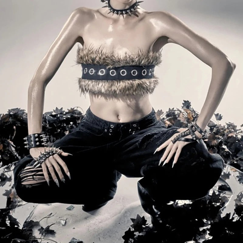 Women Cropped Bandeau Top with Faux Fur Trim, Grommet Leather Strap and Gothic-Punk Details Shop Velvia