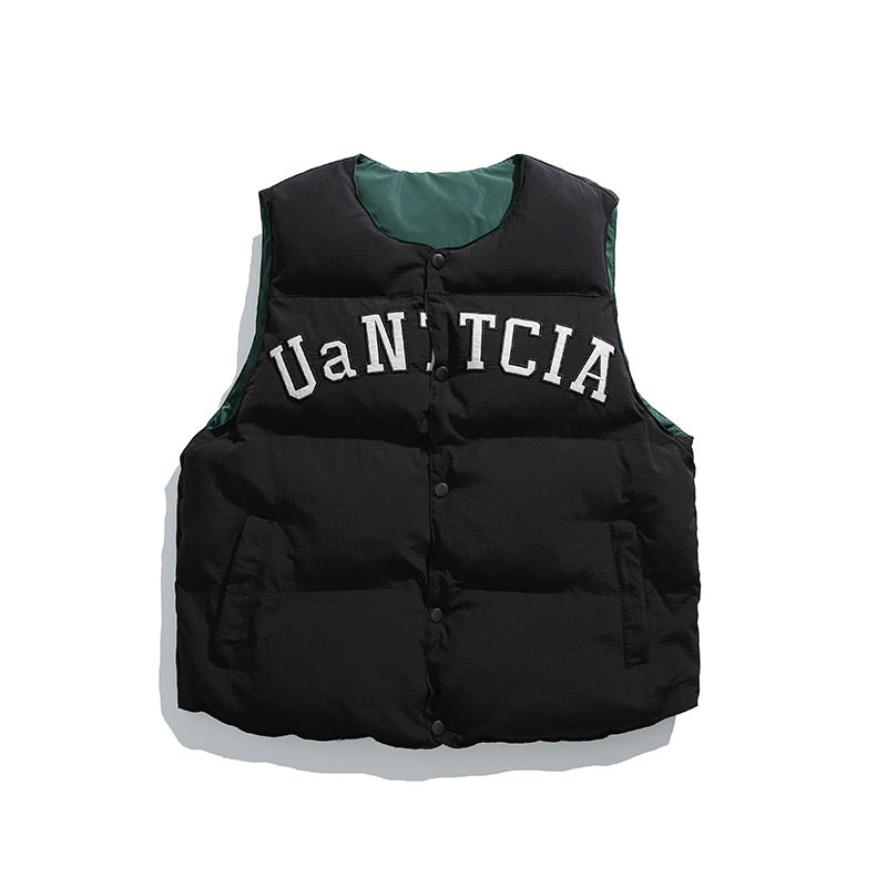 Unisex Padded Quilted Vest in Boxy Cut with Snap Button Closure and College Logo Print Shop Velvia