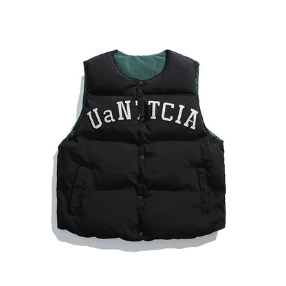 Unisex Padded Quilted Vest in Boxy Cut with Snap Button Closure and College Logo Print Shop Velvia
