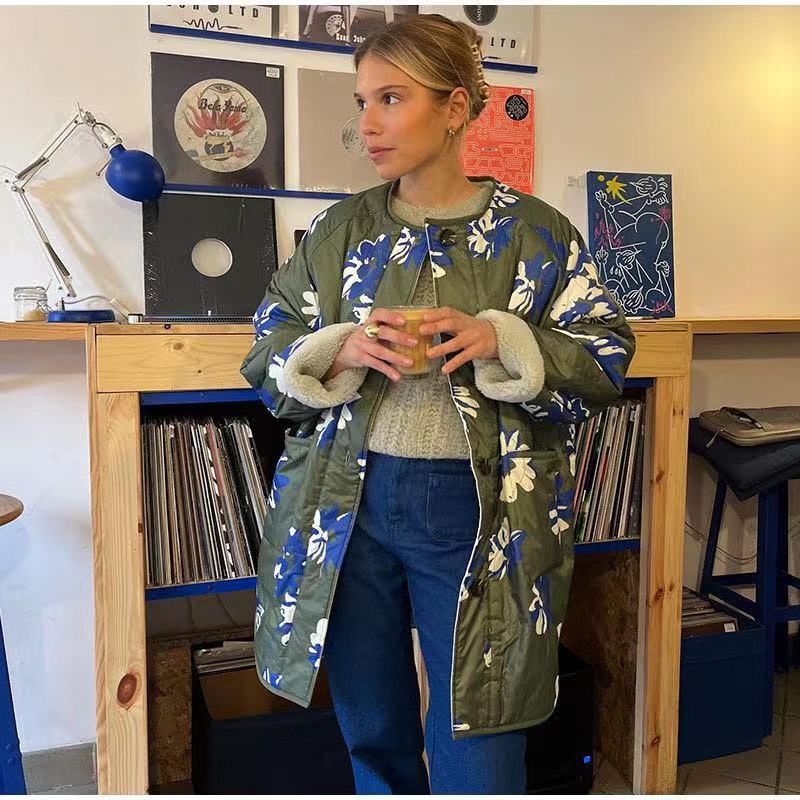 Women's Longline Quilted Coat with Floral Print, Teddy Lining and Oversized Silhouette Shop Velvia