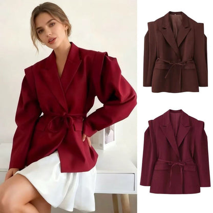 Women's blazer with shoulder cutouts, belted waist and single button closure Shop Velvia