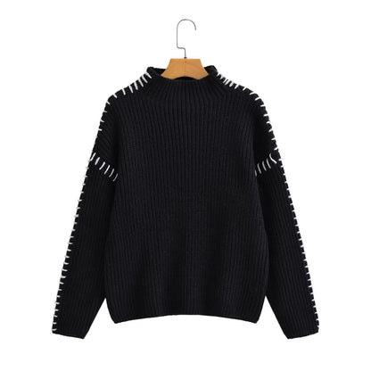 Women's Oversize Knit Sweater with Stand-up Collar and Decorative Stitch Sleeves Shop Velvia