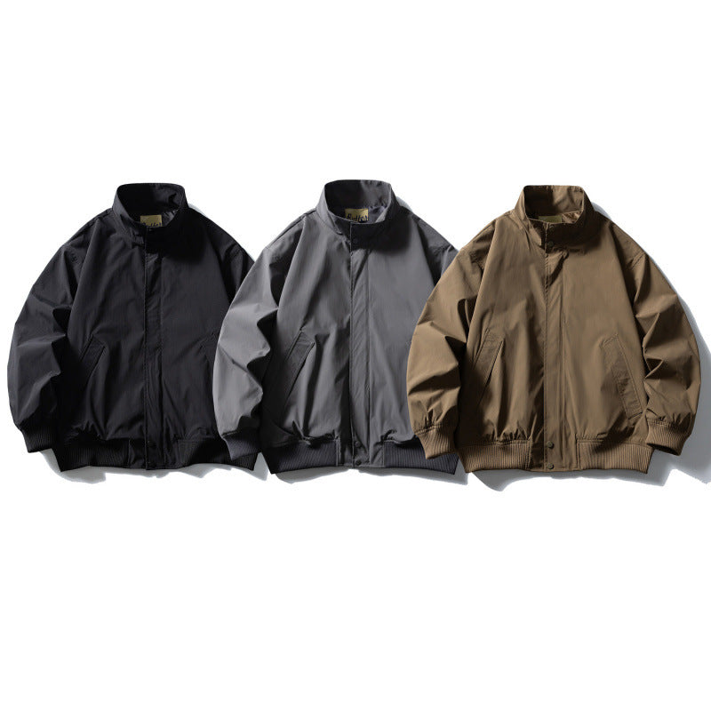Men's Boxy Bomber Jacket with Stand-Up Collar, Concealed Snap Button Placket, and Elastic Ribbed Cuffs Shop Velvia