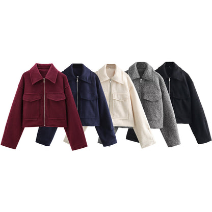 Women Short Boucle Jacket in Boxy Cut with Zip and Flap Pockets Shop Velvia