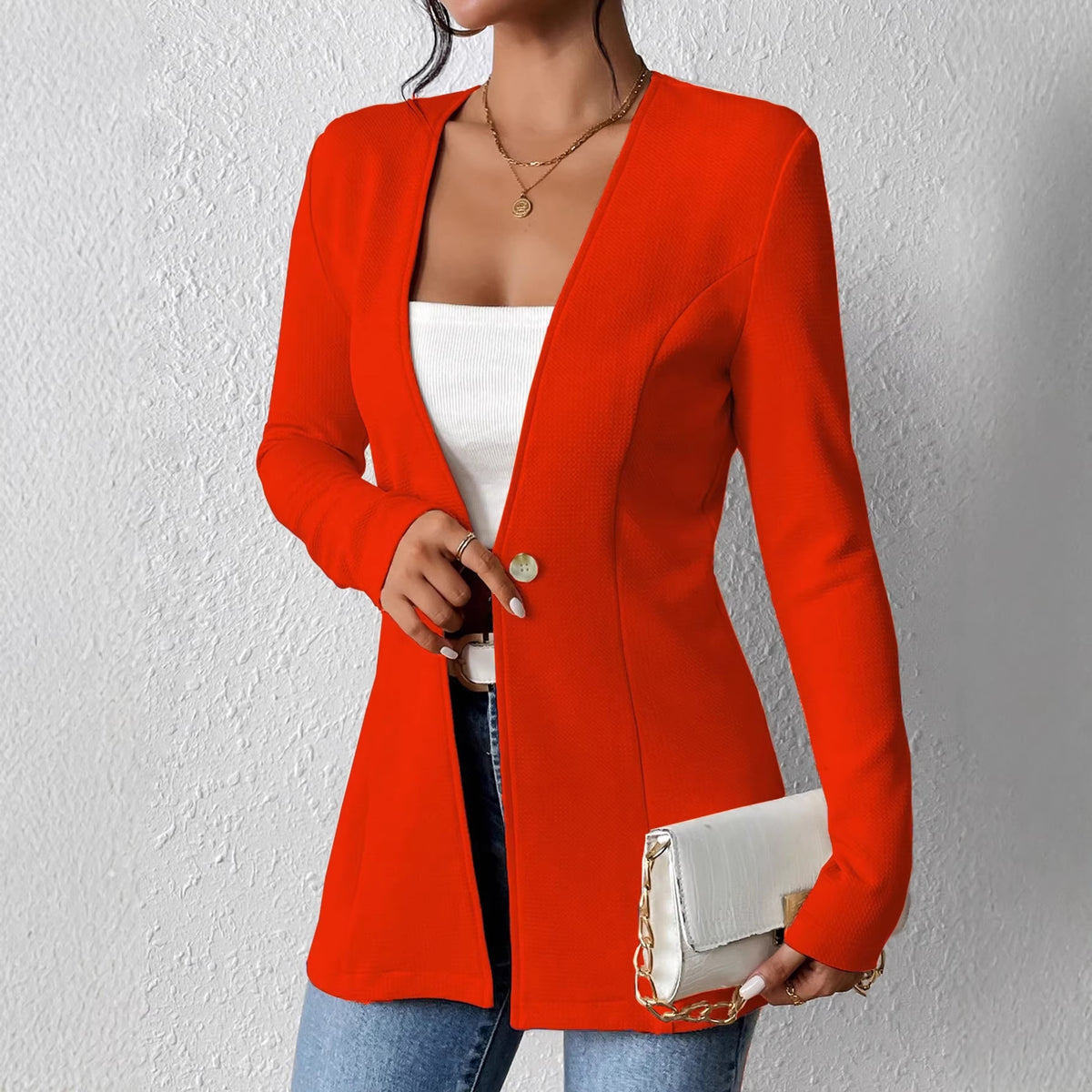 Ladies Tailored Long Blazer with V-Neck and One-Button Closure Shop Velvia