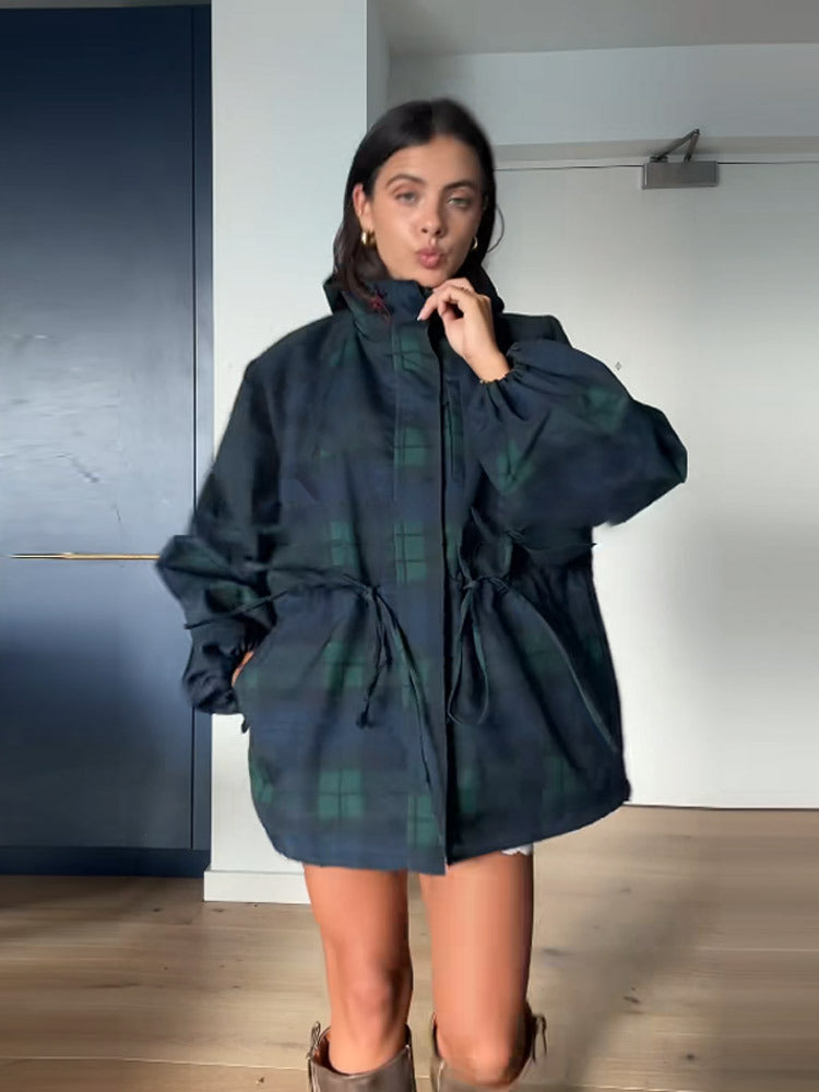 Women's Oversized Jacket in Casual Check Design with Practical Pockets and Waist Drawstring Shop Velvia