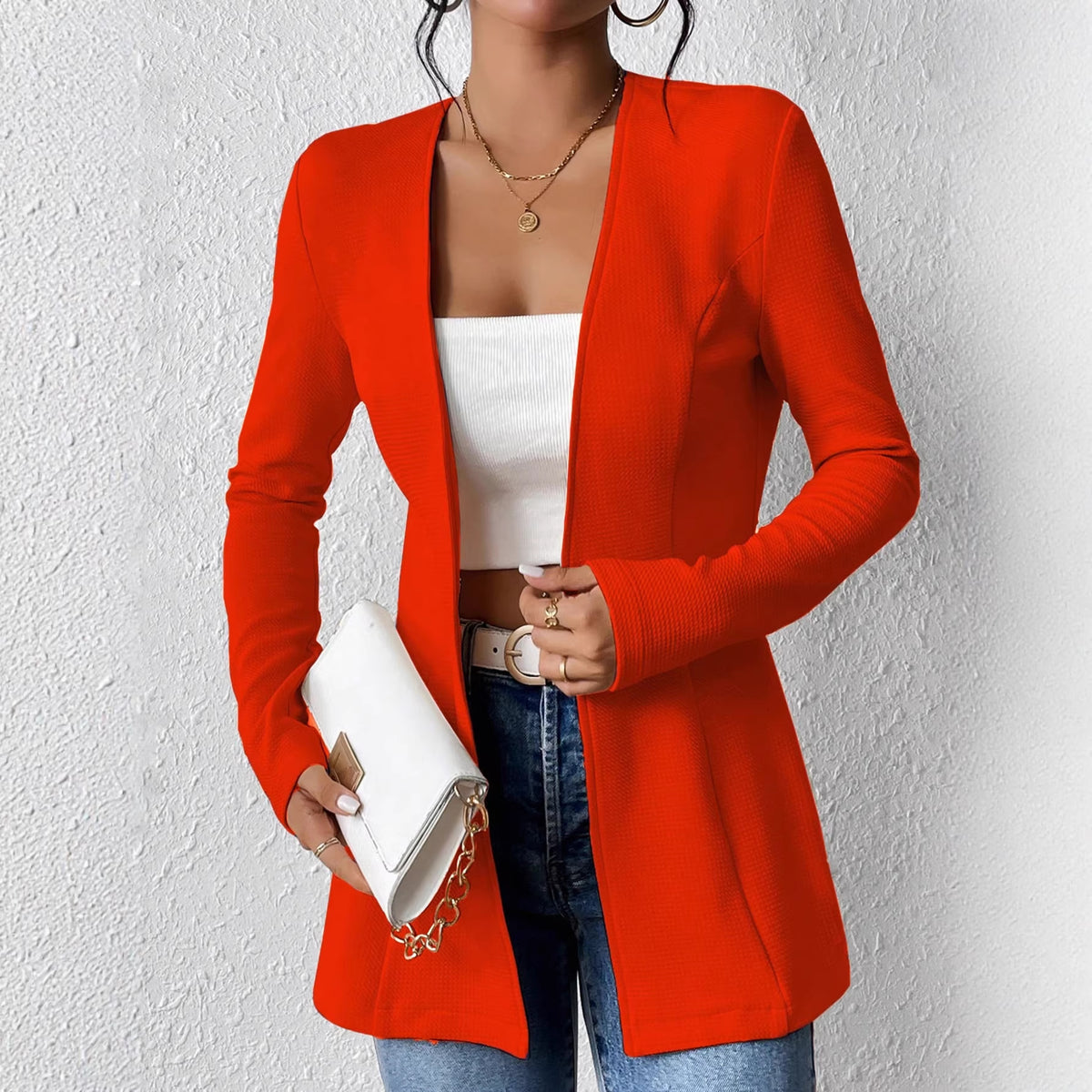 Ladies Tailored Long Blazer with V-Neck and One-Button Closure Shop Velvia