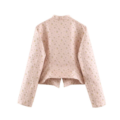 Women Cropped Satin Jacket in Military Style with Decorative Frog Trim Shop Velvia