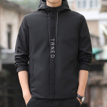 Men's lightweight hooded shell jacket with concealed zipper and minimalist utility look Shop Velvia