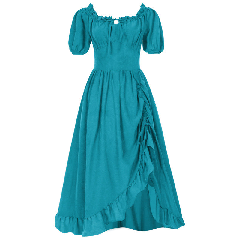 Women’s romantic maxi dress with off-the-shoulder neckline, puff sleeves, fitted bodice, and side ruching Shop Velvia