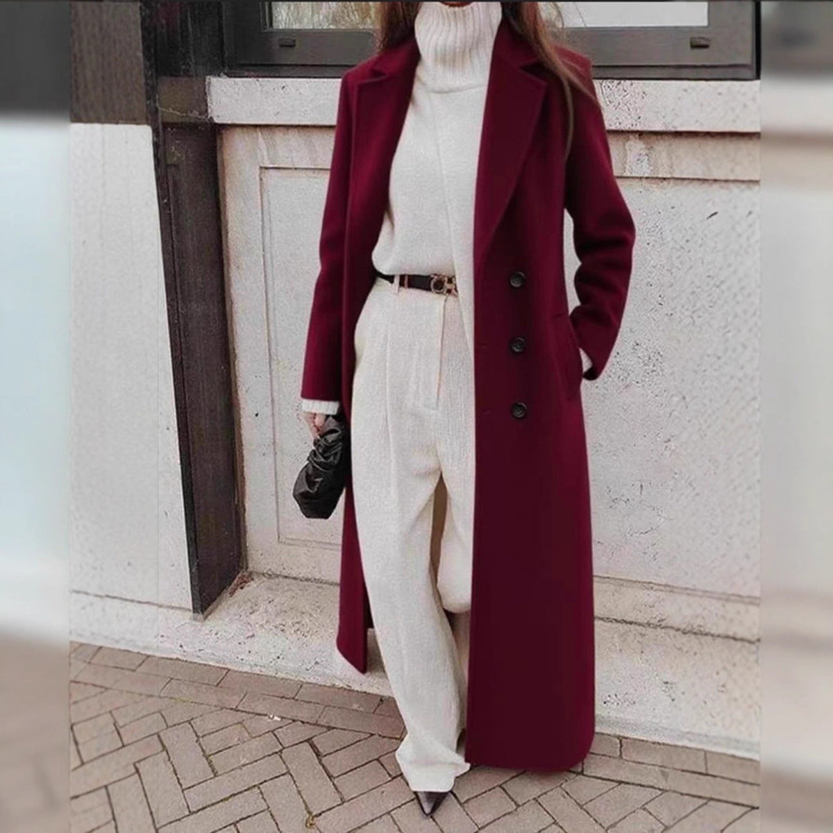 Women Elegant Wool Coat with Double Button Placket and Deep Pockets Shop Velvia