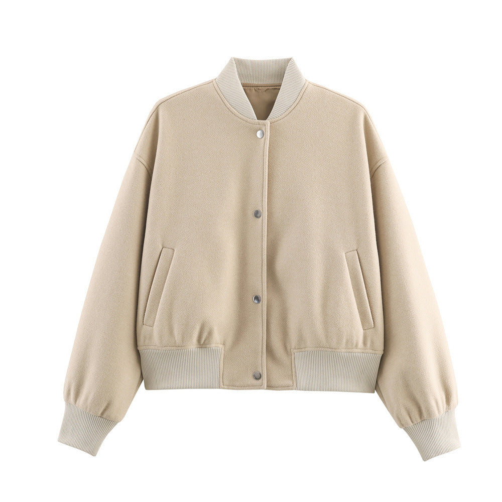 Ladies short boxy bomber jacket with ribbed collar, snap button closure, and pockets Shop Velvia