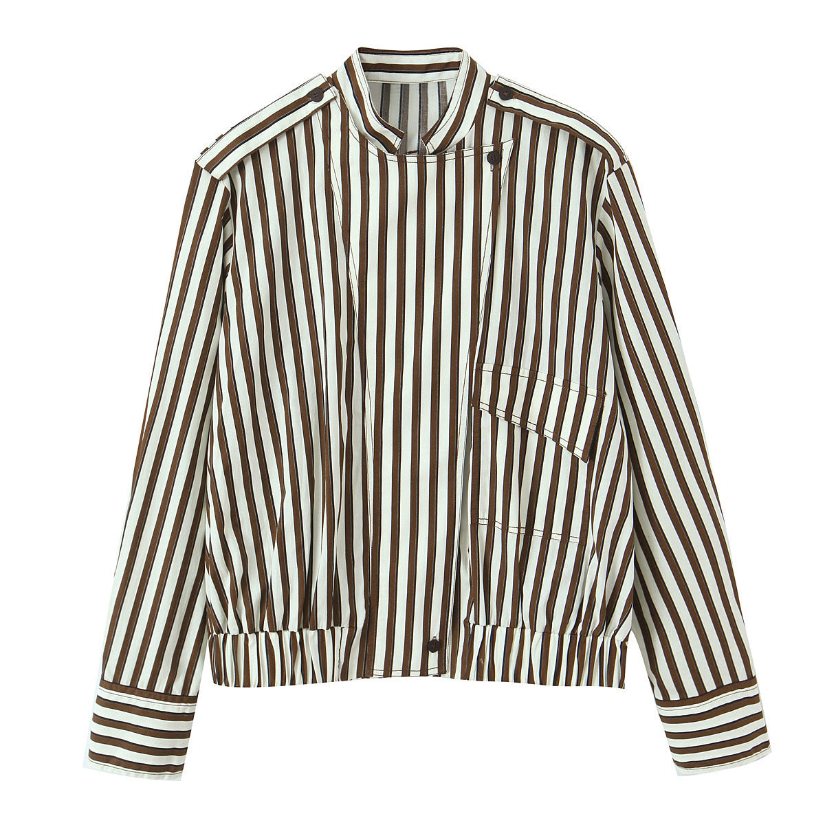 Women's Oversized Shirt Jacket with Stand Collar, Chest Pocket, and Elastic Hem Shop Velvia