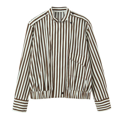 Women's Oversized Shirt Jacket with Stand Collar, Chest Pocket, and Elastic Hem Shop Velvia