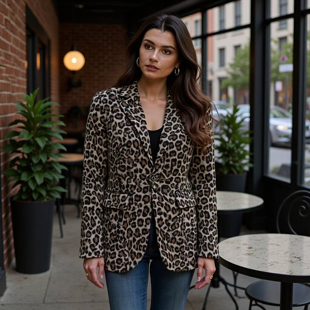 Women's leopard pattern longline blazer with falling lapel, single-button placket, and flap pockets Shop Velvia