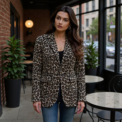 Women's leopard pattern longline blazer with falling lapel, single-button placket, and flap pockets Shop Velvia