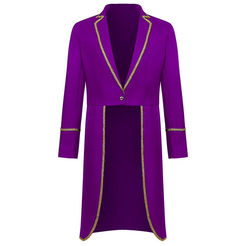 Men's elegant evening tailcoat with short front, curved swallowtail and gold decorative border Shop Velvia