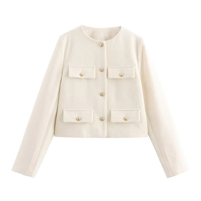Women Short-Cut Boucle Blazer with Round Neckline, Four Flap Pockets and Gold Decorative Buttons Shop Velvia