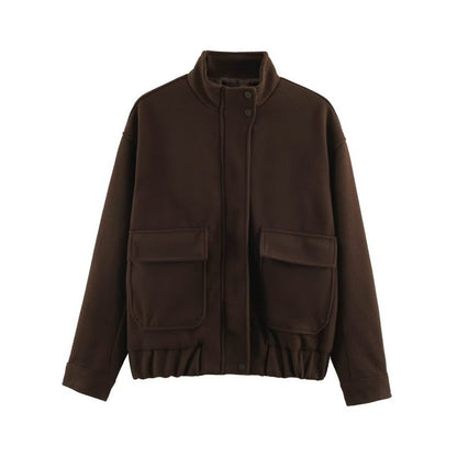 Women's Boxy Wool Blouson with Stand-up Collar, Large Flap Pockets and Elastic Hem Shop Velvia