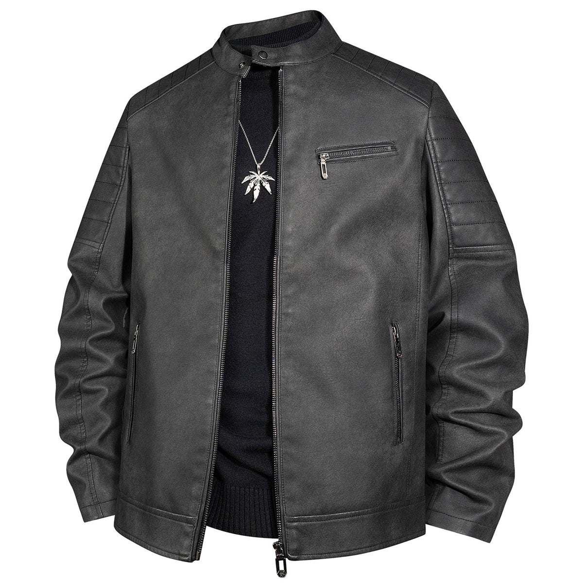 Men's biker jacket made of faux leather with stand-up collar and quilted shoulder Shop Velvia