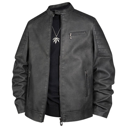 Men's biker jacket made of faux leather with stand-up collar and quilted shoulder Shop Velvia