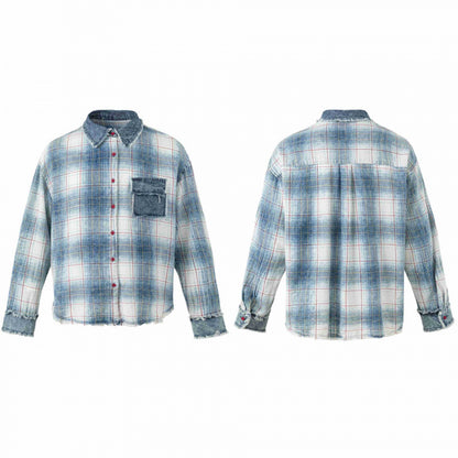 Unisex Checked Overshirt in Used Look with Fringes, Denim Collar and Patch Chest Pocket Shop Velvia