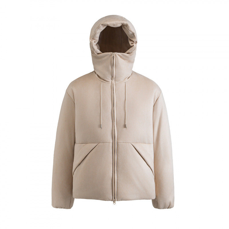 Unisex Padded Hooded Jacket in Boxy Cut with High Shawl Collar and Kangaroo Pockets Shop Velvia