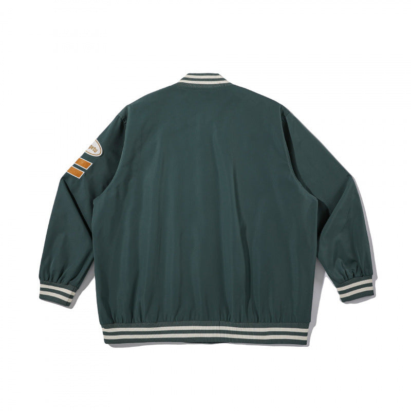 Unisex College Bomber Jacket with quilted patch, striped ribbed hems and snap button placket Shop Velvia