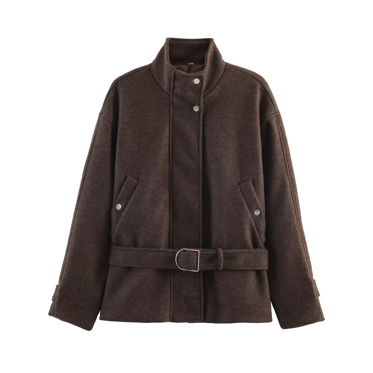 Women's Boxy Wool Jacket with Stand-Up Collar, Concealed Snap Button Placket and D-Ring Waist Belt Shop Velvia