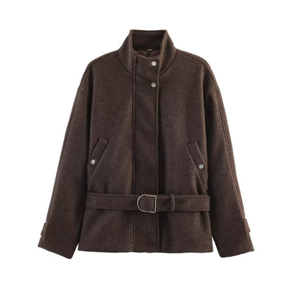 Women's Boxy Wool Jacket with Stand-Up Collar, Concealed Snap Button Placket and D-Ring Waist Belt Shop Velvia