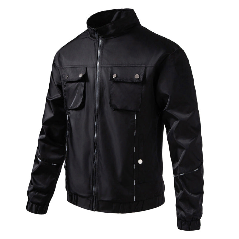 Men's Lightweight Utility Bomber Jacket with Flap Pockets, Stand-Up Collar, and Elastic Hem Shop Velvia